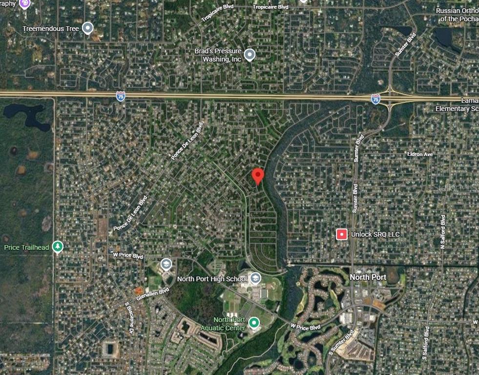 This is a satellite map view of a residential neighborhood in North Port, Florida — Lot 13 BANGAR LANE, NORTH PORT, FL