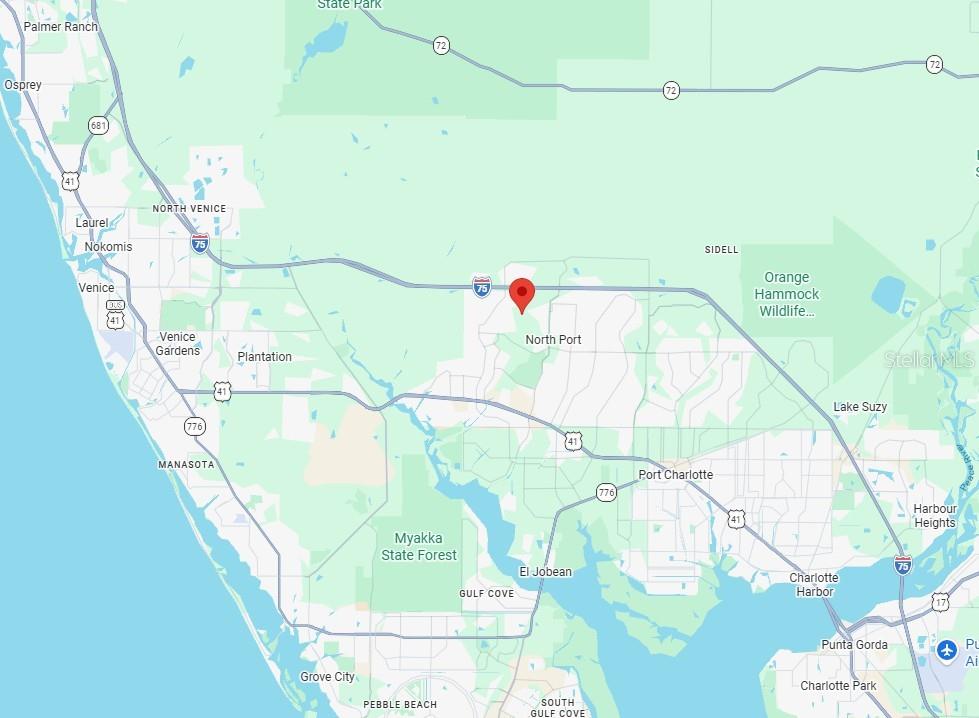 This is a map showing the location of North Port, Florida, relative to surrounding cities — Lot 13 BANGAR LANE, NORTH PORT, FL