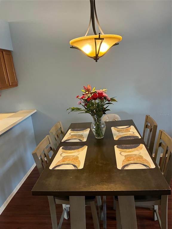 A dining area features a dark wood table with four chairs under a pendant light — 5433 LAKE MARGARET DRIVE UNIT E 195, ORLANDO, FL