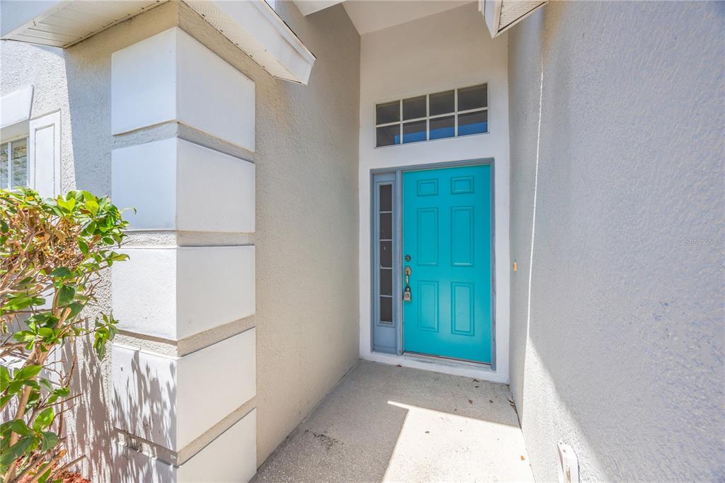 A bright blue front door with a sidelight and transom window sits in a recessed entryway — 30435 ANNADALE DRIVE, WESLEY CHAPEL, FL