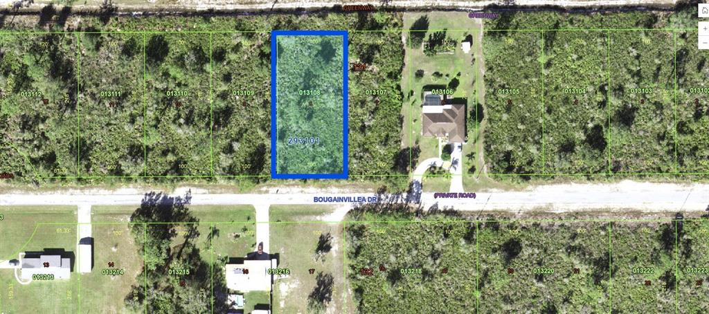 This is an aerial map showing a vacant rectangular lot highlighted in blue — 816 BOUGAINVILLE DRIVE, INDIAN LAKE ESTATES, FL