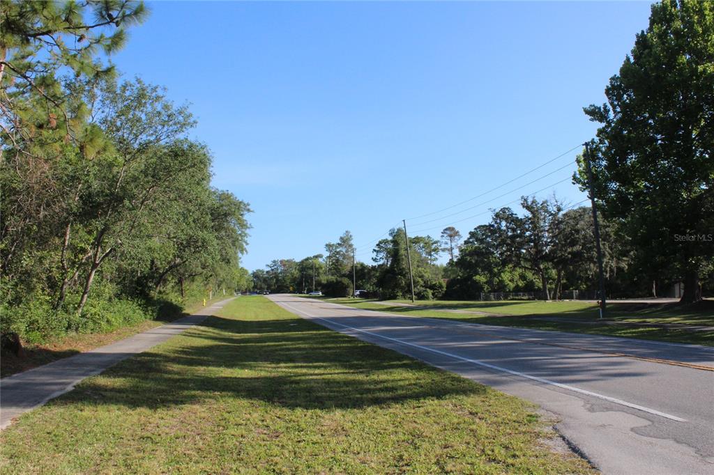 A paved road runs alongside a grassy shoulder and a sidewalk lined with mature trees — 3145 YORKSHIRE DRIVE, DELTONA, FL