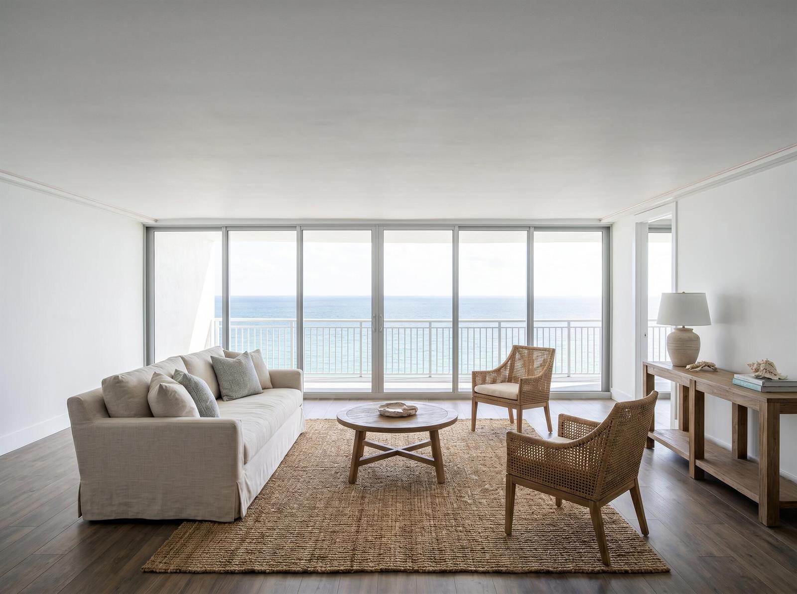 A living room with a beige sofa, two rattan chairs, and a view of the ocean — 1390 S Ocean Boulevard # f, Pompano Beach FL 33062, POMPANO BEACH, FL