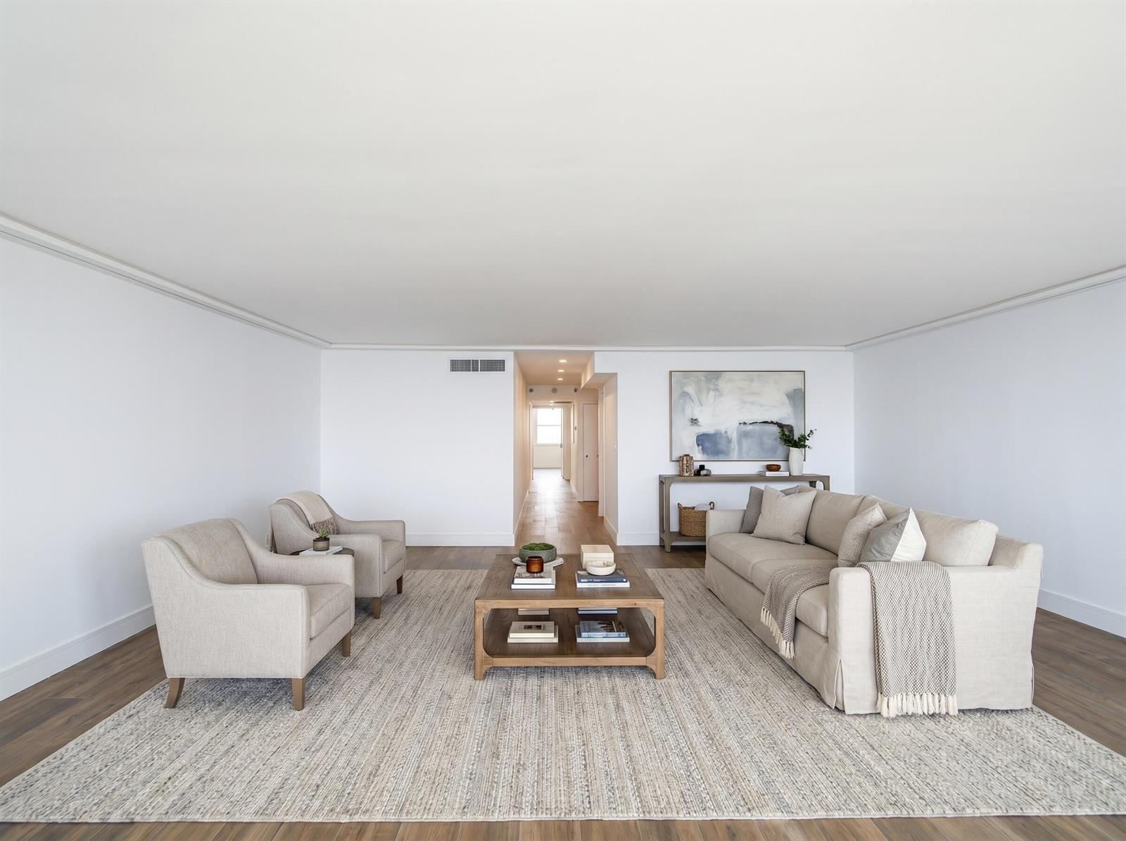 A living room features a sofa, two armchairs, a coffee table, and a neutral rug — 1390 S Ocean Boulevard # f, Pompano Beach FL 33062, POMPANO BEACH, FL