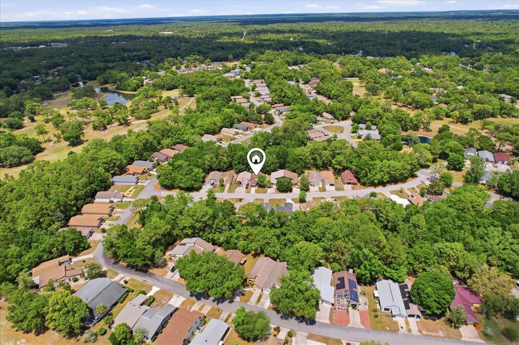 An aerial view shows a residential neighborhood with houses surrounded by dense green trees — 54 JAMAICA STREET, HOMOSASSA, FL