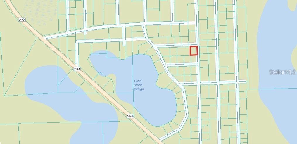 This map shows a red-outlined parcel of land located near Lake Silver Springs — 5726 NE 166TH TERRACE, SILVER SPRINGS, FL