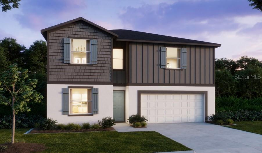 This is a digital rendering of a two-story house with a two-car garage — 314 BOWFIN LANE, POINCIANA, FL