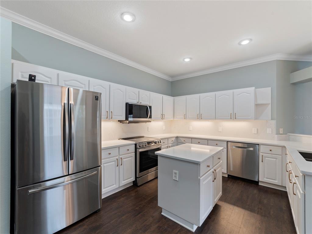 A kitchen with white cabinets, stainless steel appliances, a center island, and dark wood floors — 19111 LAKE AUDUBON DRIVE, TAMPA, FL