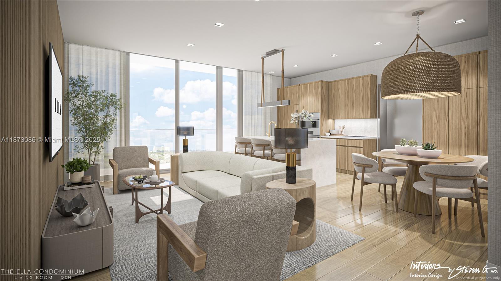This rendering shows a modern open-concept living room and kitchen with light wood cabinetry — 6940 Abbott Ave PH, Miami Beach FL 33141, MIAMI BEACH, FL