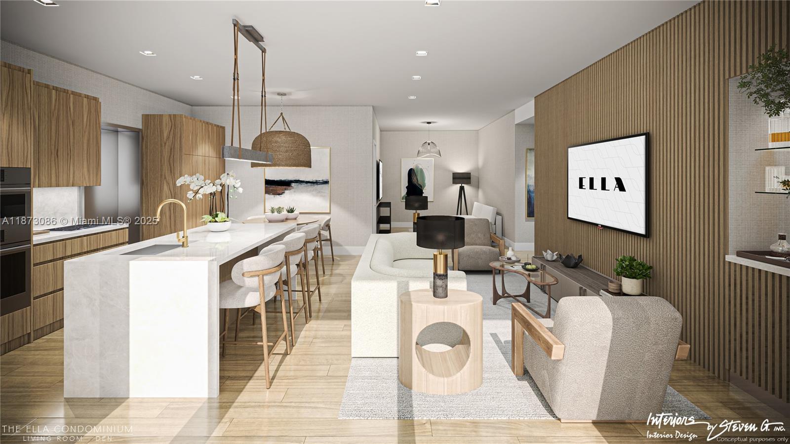 This rendering shows a modern open-concept living room and kitchen with wood-paneled walls — 6940 Abbott Ave PH, Miami Beach FL 33141, MIAMI BEACH, FL