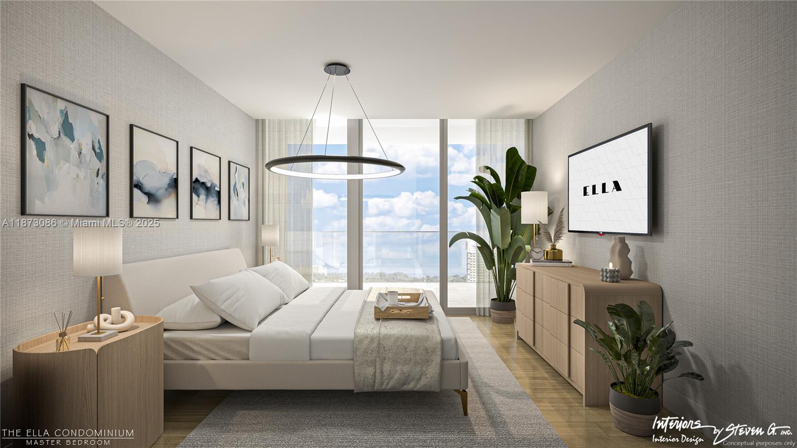This rendering shows a modern master bedroom with a platform bed, circular chandelier, and balcony view — 6940 Abbott Ave PH, Miami Beach FL 33141, MIAMI BEACH, FL
