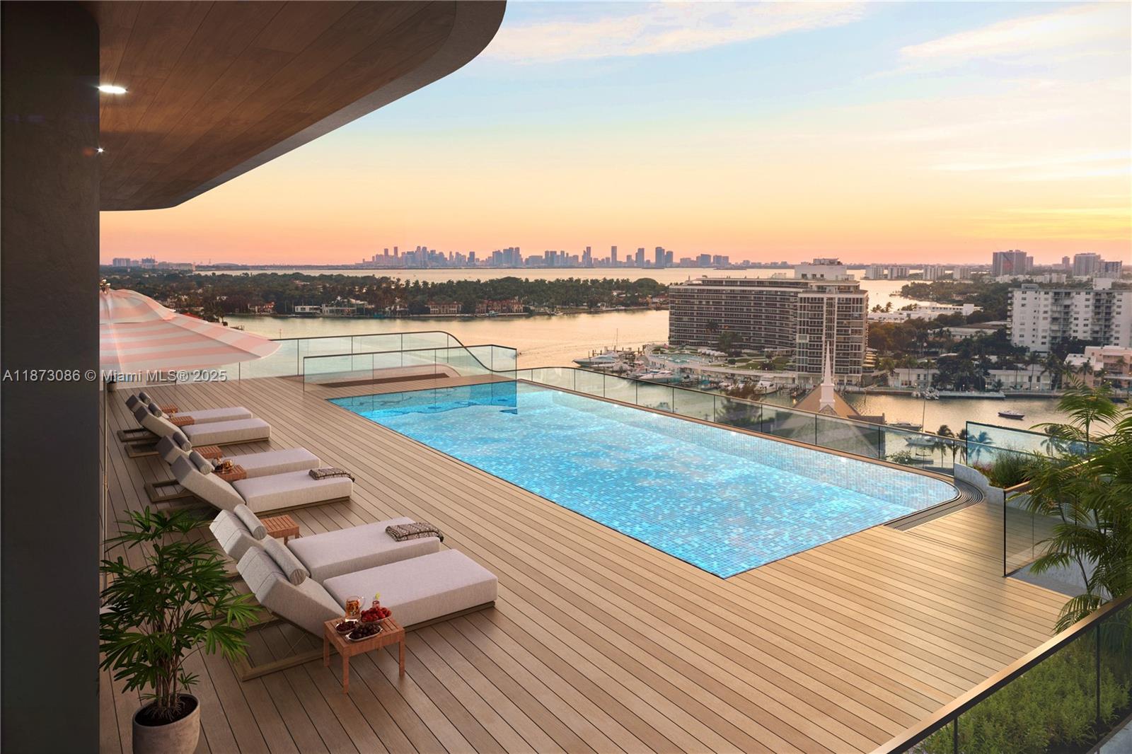 This rendering shows a rooftop deck with a swimming pool overlooking a city skyline — 6940 Abbott Ave PH, Miami Beach FL 33141, MIAMI BEACH, FL