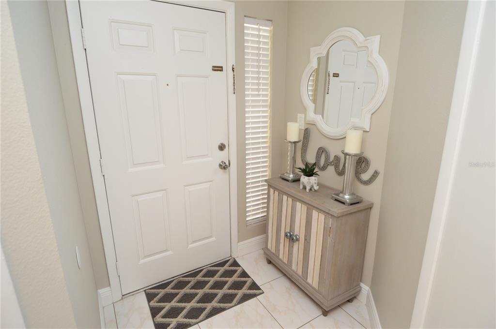 An entryway features a white door, a small wooden cabinet, and a decorative mirror — 8752 MALLARD RESERVE DRIVE UNIT 203, TAMPA, FL