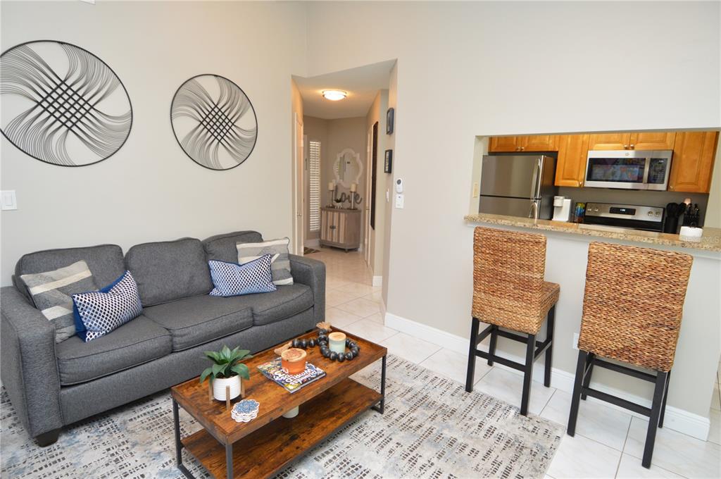A living room with a gray sofa, coffee table, and a pass-through to the kitchen — 8752 MALLARD RESERVE DRIVE UNIT 203, TAMPA, FL