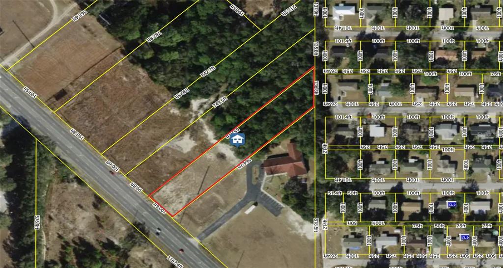 This is an aerial map showing a property parcel outlined in red — SE MARICAMP ROAD, OCALA, FL