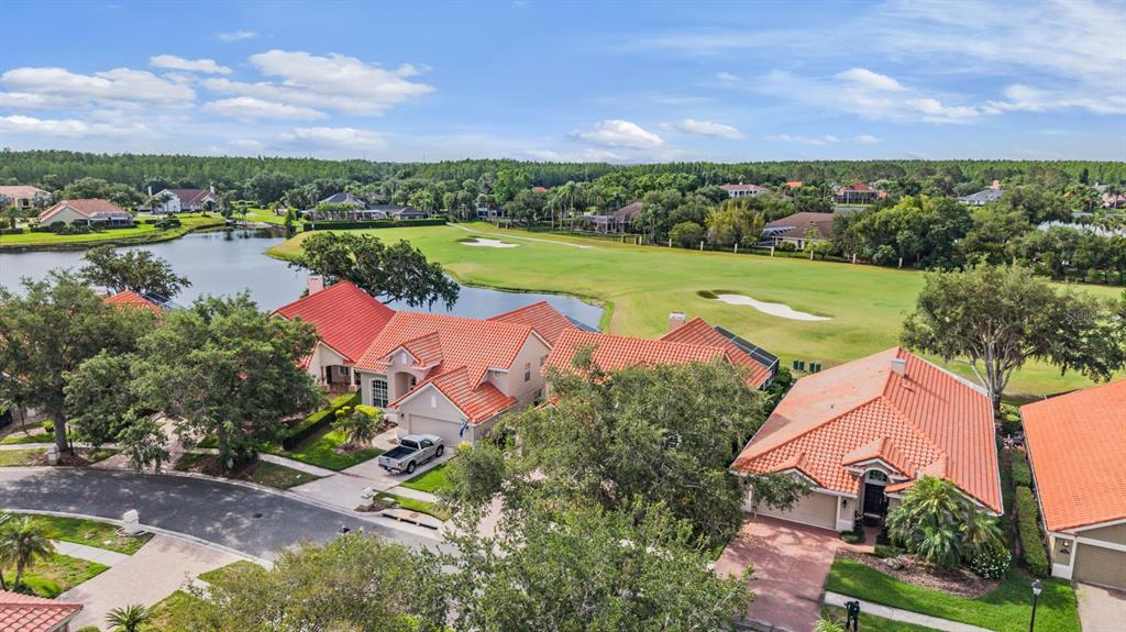 An aerial view shows two houses with orange tile roofs overlooking a golf course pond — 18911 AVENUE BIARRITZ, LUTZ, FL