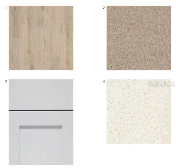 This image shows a material board featuring wood flooring, beige carpet, white cabinetry, and quartz — 515 MOONSTONE COURT, GROVELAND, FL