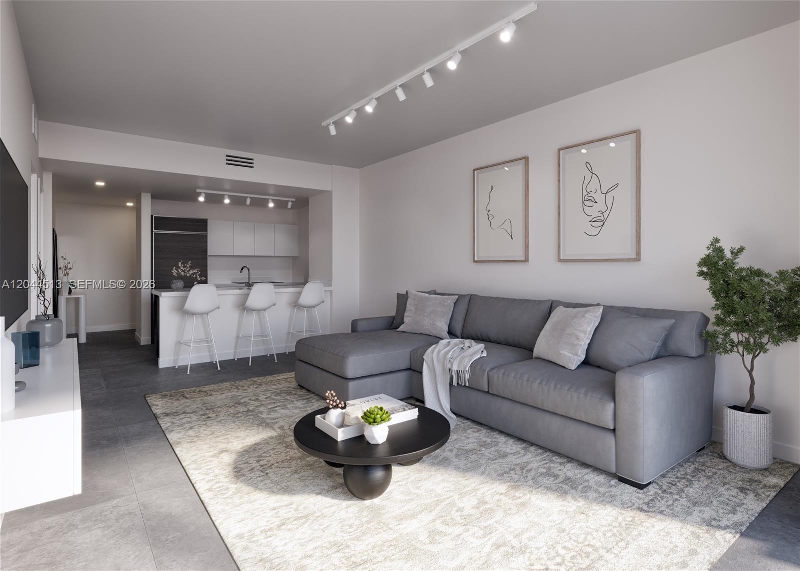 This is a rendering of a modern living room and kitchen with gray furniture — 1100 S Miami Ave # 2002, Miami FL 33130, MIAMI, FL