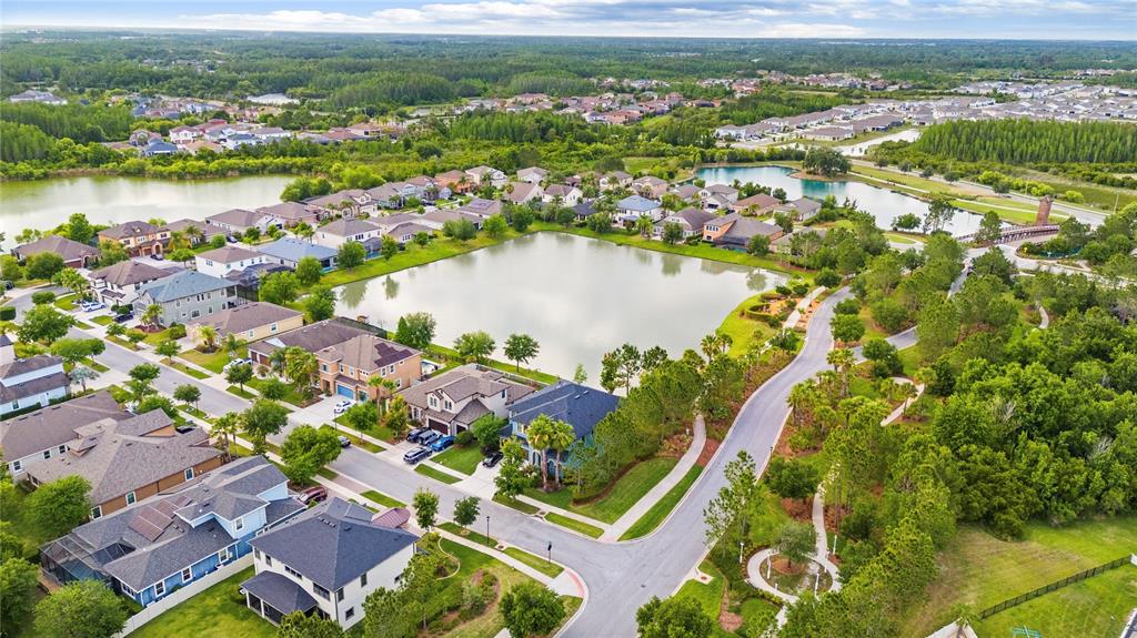 An aerial view shows a suburban neighborhood with houses surrounding a central lake — 31976 WATOGA LOOP, WESLEY CHAPEL, FL
