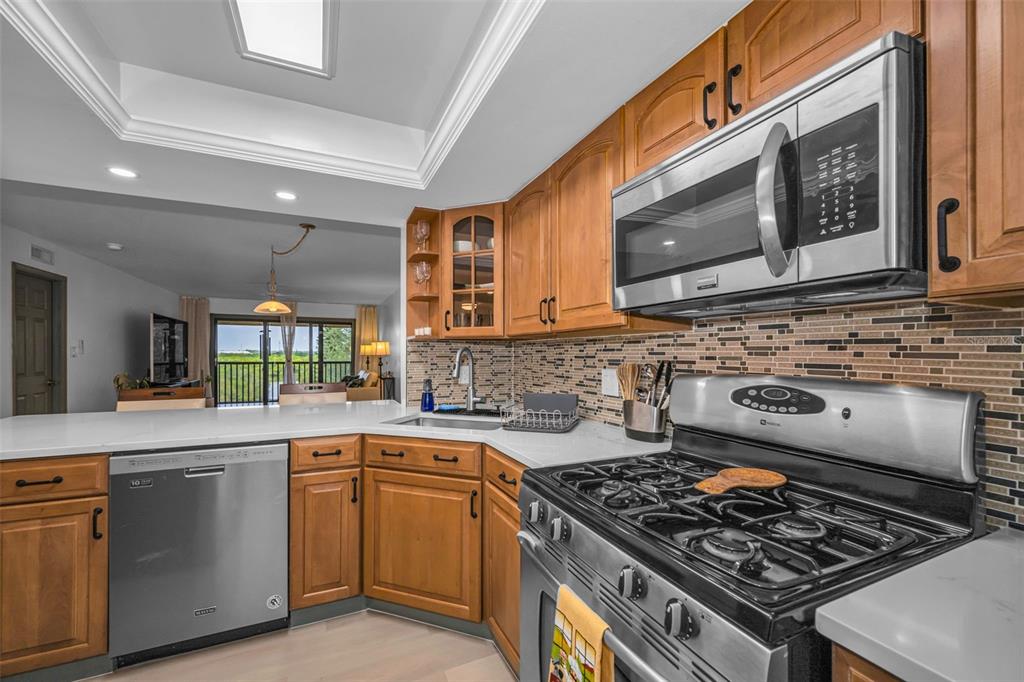 A kitchen with wood cabinets, stainless steel appliances, and a tiled backsplash overlooks a living area — 5400 PARK ST. NORTH UNIT 303, ST PETERSBURG, FL
