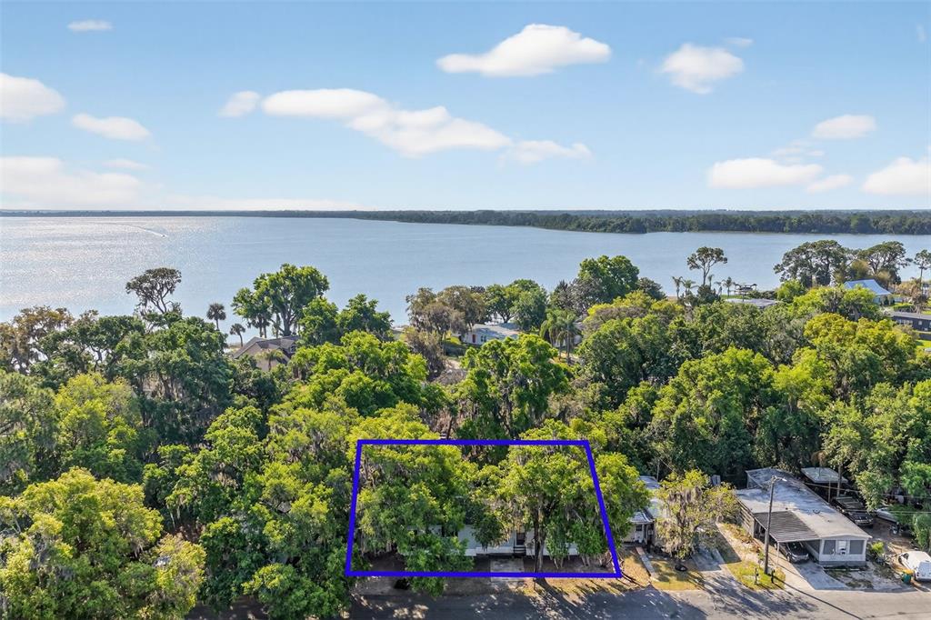An aerial view shows a house surrounded by trees with a lake in the background — 904 MAPLEWOOD STREET, TAVARES, FL