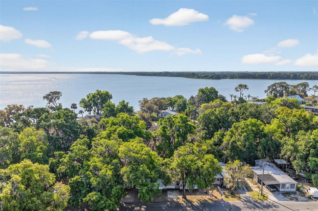 An aerial view shows a house nestled among trees near a large lake — 904 MAPLEWOOD STREET, TAVARES, FL