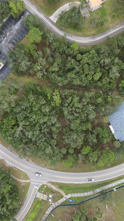 This aerial view shows a wooded lot situated between two curved roads and a parking area — 17864 TOLEDO BLADE BOULEVARD, PORT CHARLOTTE, FL