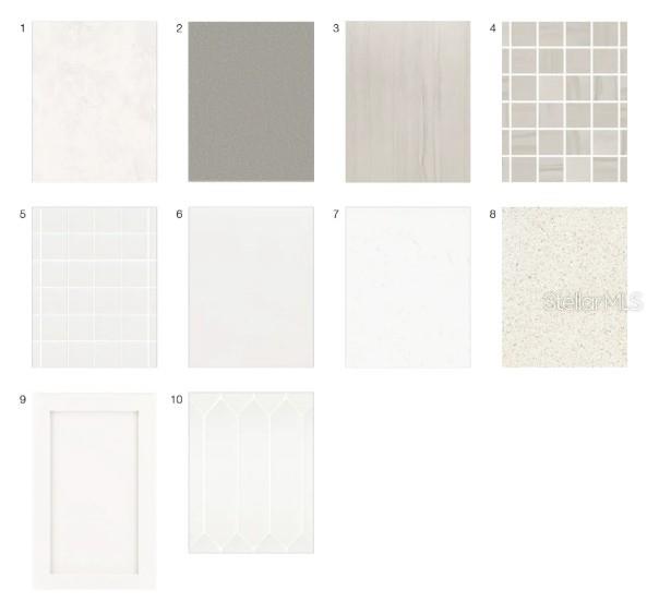 This image is a digital rendering displaying ten various interior finish and material samples — 5392 GUNWALE DRIVE, COCOA, FL