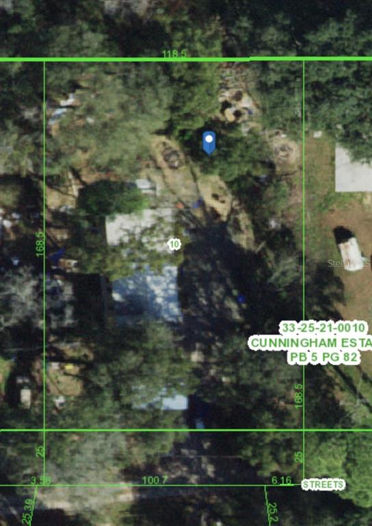 This is an aerial map view showing property boundaries and dimensions for a residential lot — 36301 PEAK STREET, ZEPHYRHILLS, FL