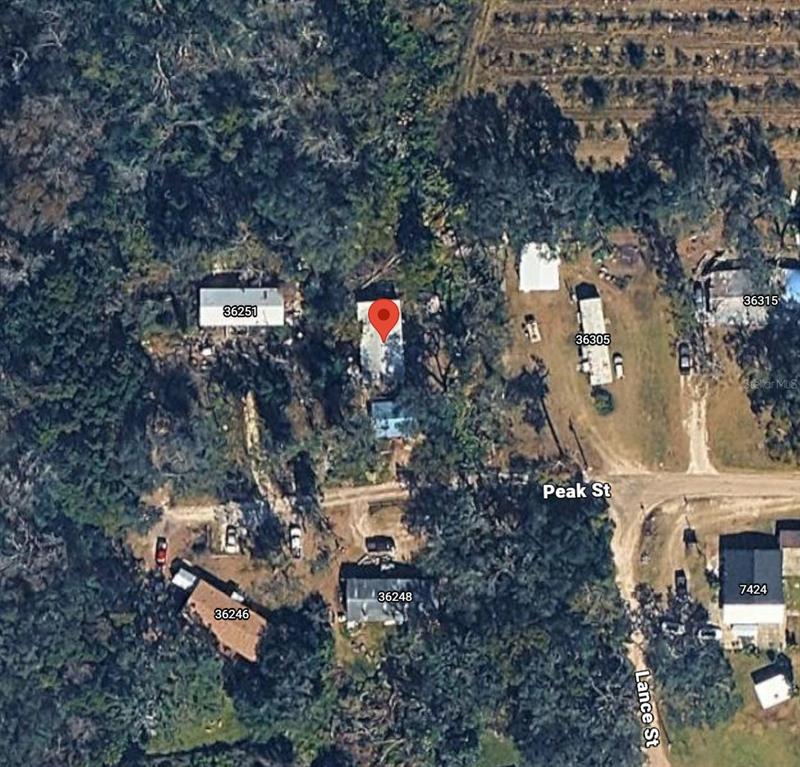 This is an aerial map view of a residential property surrounded by trees and roads — 36301 PEAK STREET, ZEPHYRHILLS, FL
