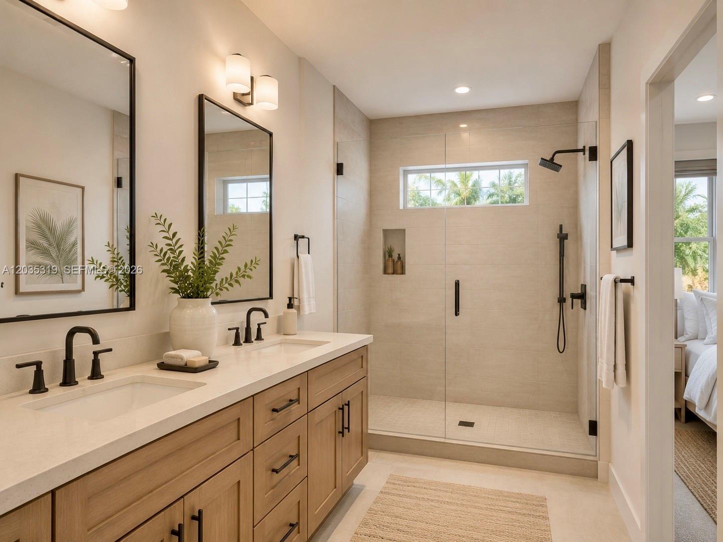 A modern bathroom features a double vanity with wood cabinets and a glass-enclosed walk-in shower — 0 Blossom Ave, Tampa FL 33164, TAMPA, FL