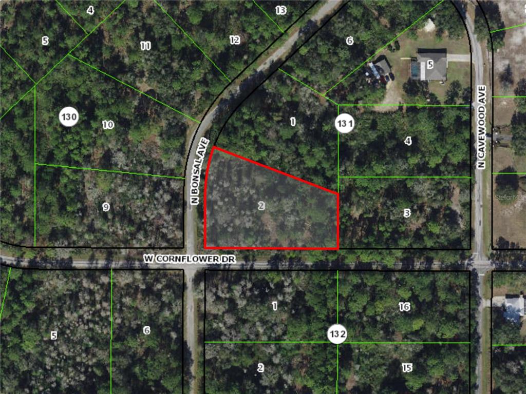 An aerial map shows a highlighted vacant lot at the corner of two streets — 9474 N BONSAI AVENUE, CRYSTAL RIVER, FL