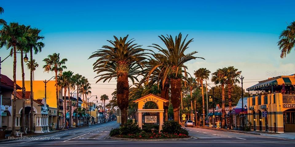 A street view of a town center featuring palm trees and a central welcome sign — 425 CERROMAR TERRACE UNIT 359, VENICE, FL