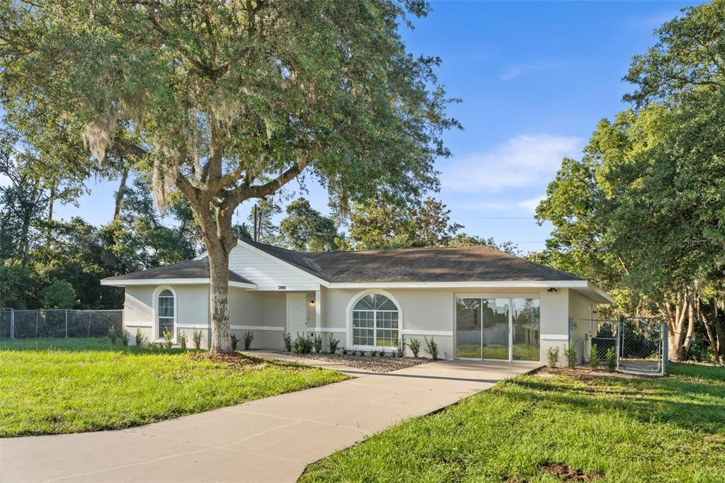 A single-story house with a concrete driveway, arched windows, and a large tree in front — 3988 SW 169TH LN, OCALA, FL