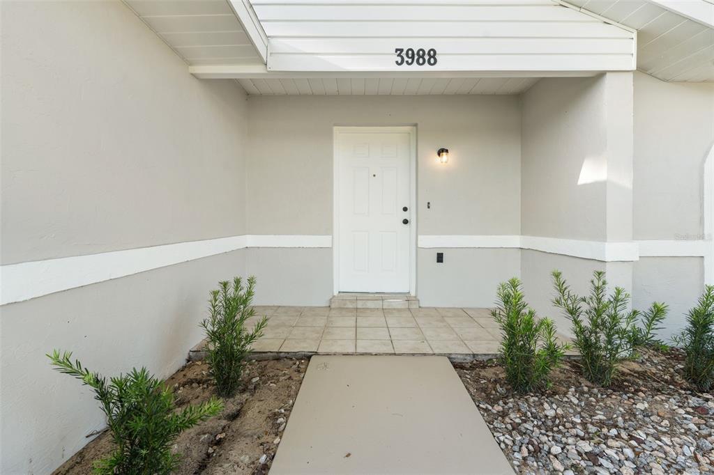 A white front door is centered on a tiled porch with a concrete walkway — 3988 SW 169TH LN, OCALA, FL