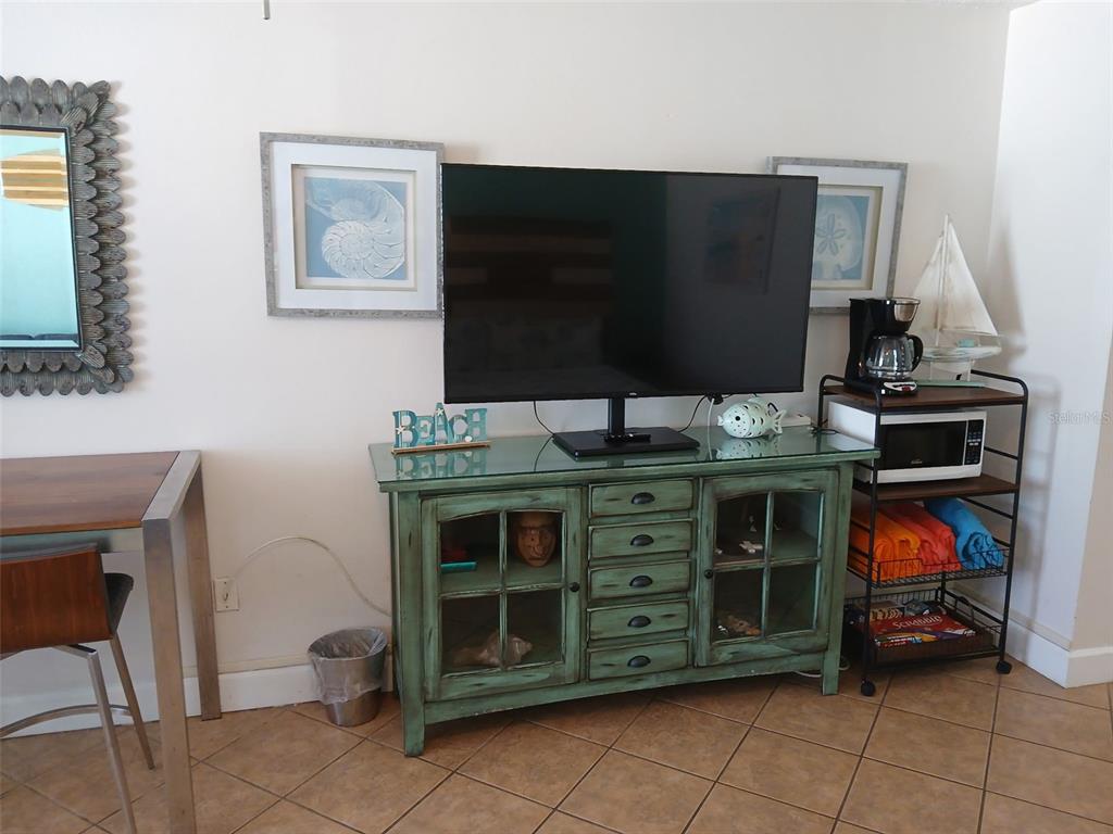 A television sits on a green wooden cabinet next to a metal shelving unit — 313 S ATLANTIC AVENUE UNIT 5160, DAYTONA BEACH, FL
