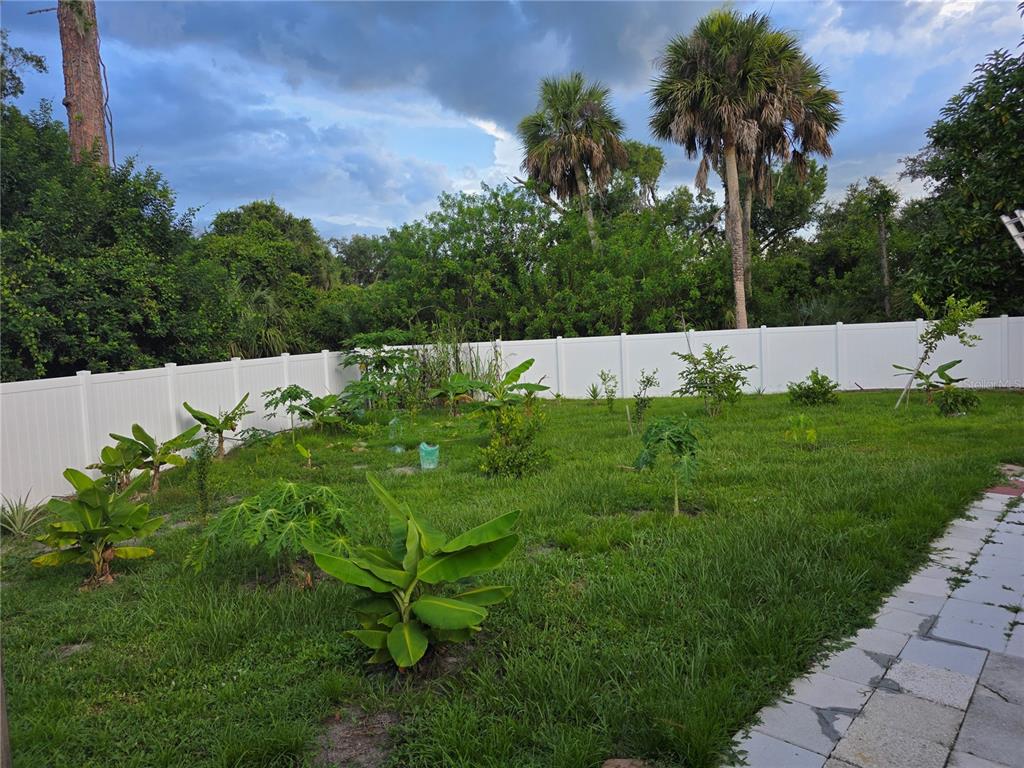 A backyard with a white vinyl fence, green grass, and various small tropical plants — 4943 BECKHAM COURT, NORTH PORT, FL