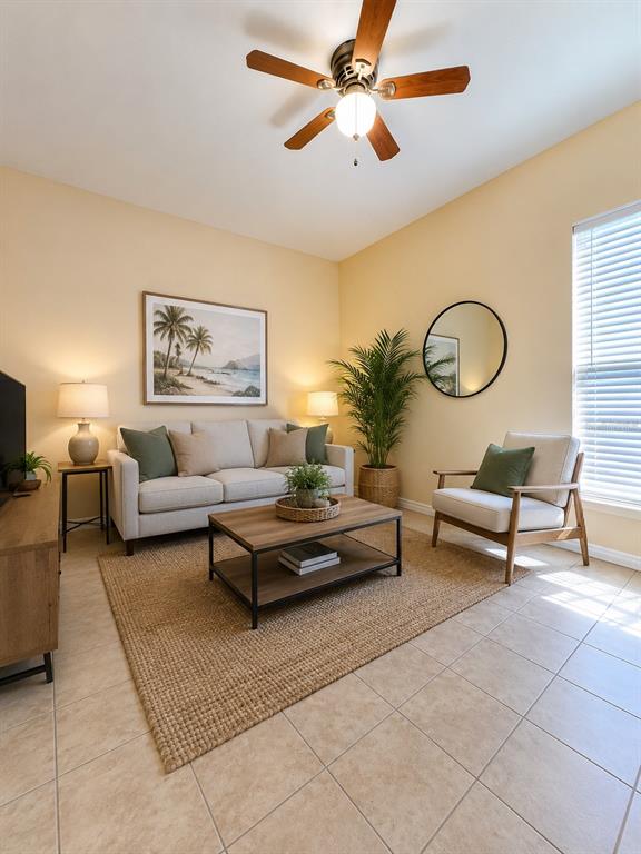 A living room features a beige sofa, a wooden coffee table, and a ceiling fan — 2607 RIVER PRESERVE COURT UNIT 2607, BRADENTON, FL