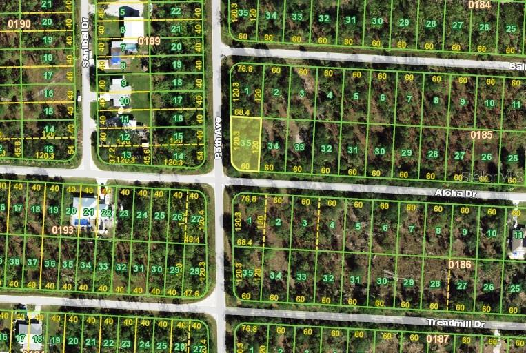 This is an aerial map showing residential land parcels and street layouts — 27282 ALOHA DRIVE, PUNTA GORDA, FL