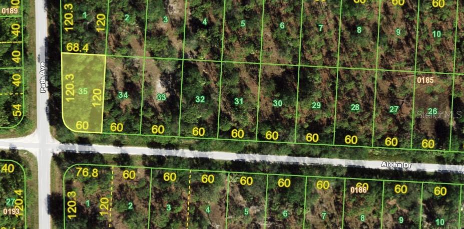 This is a map showing a grid of undeveloped land parcels along Path Ave and Aloha Dr — 27282 ALOHA DRIVE, PUNTA GORDA, FL