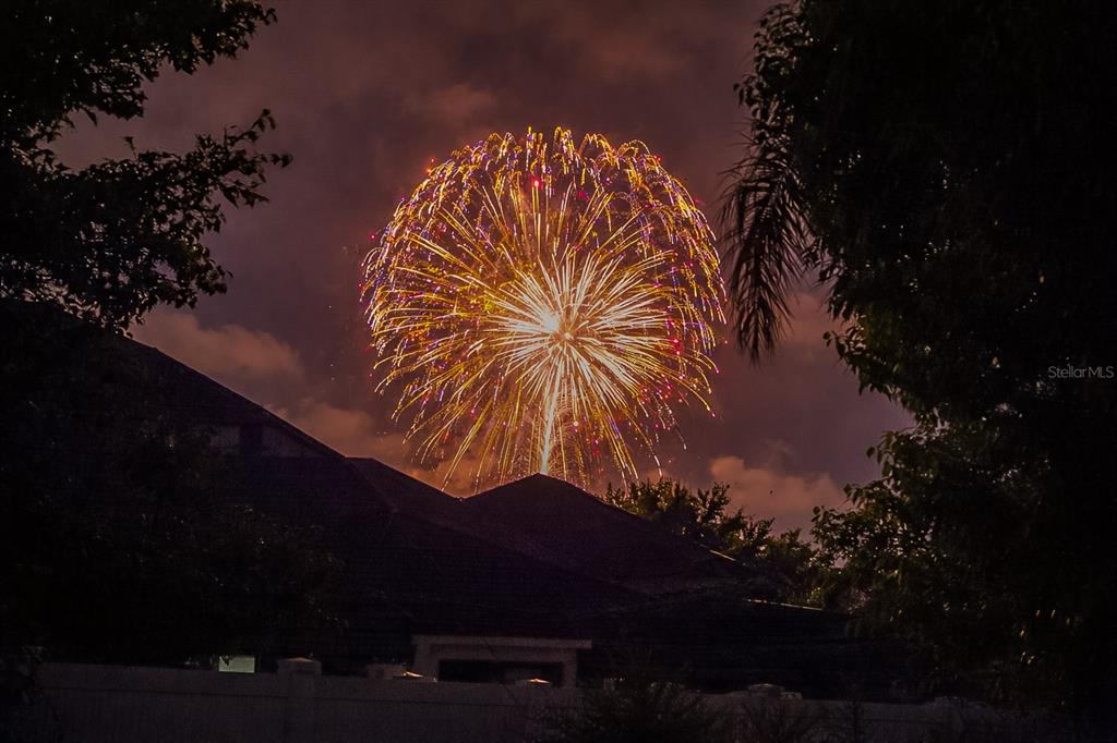 A large, bright firework explodes in the night sky above a residential roof and trees — 11437 WAKEWORTH STREET, ORLANDO, FL
