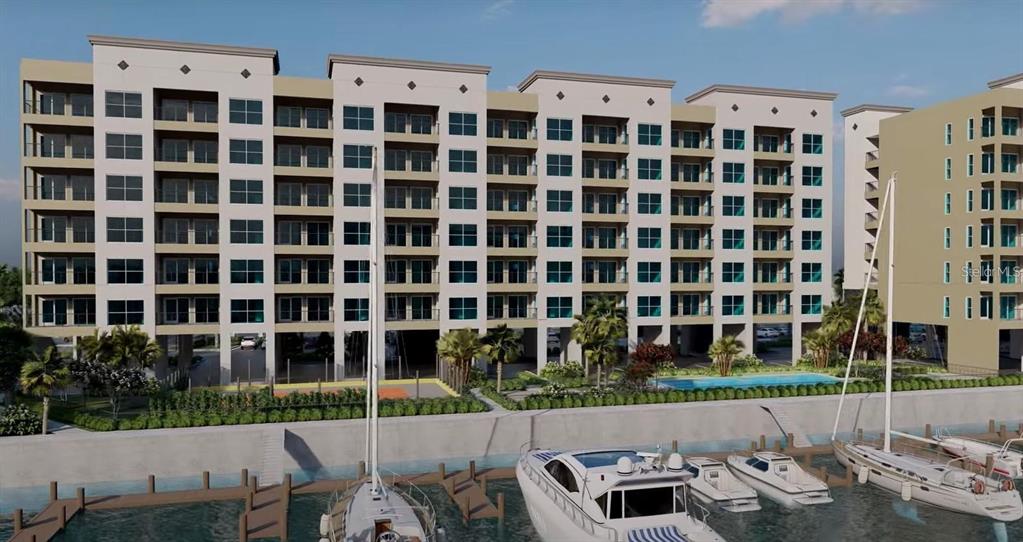 A rendering of a multi-story apartment building with a marina and boats in the foreground — 5015 US HIGHWAY 19 UNIT 408, NEW PORT RICHEY, FL