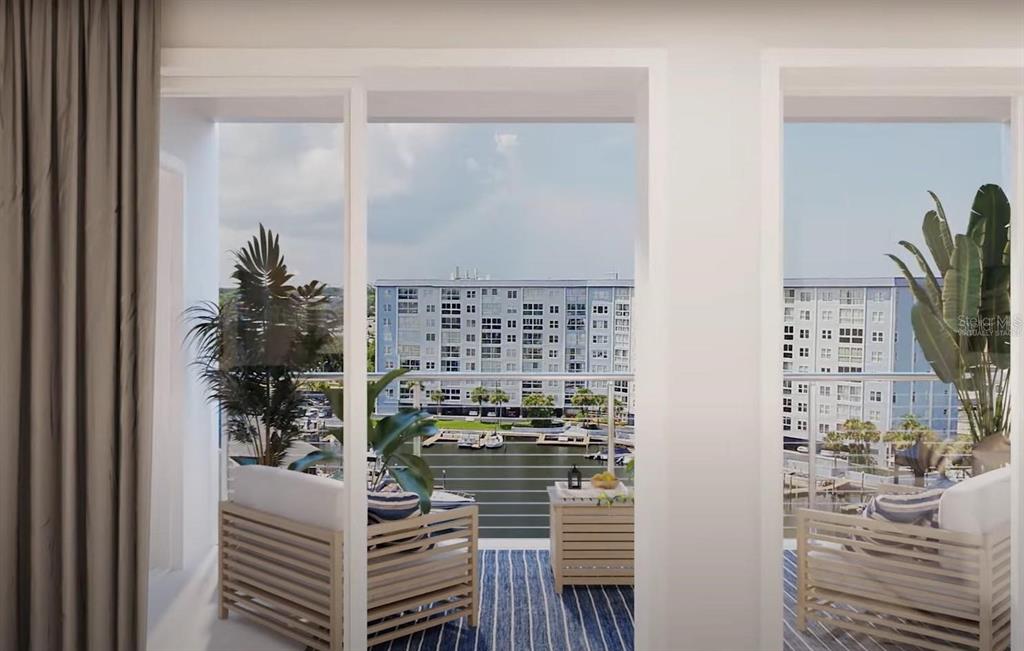 This rendering shows a balcony with outdoor furniture overlooking a marina and a large building — 5015 US HIGHWAY 19 UNIT 408, NEW PORT RICHEY, FL
