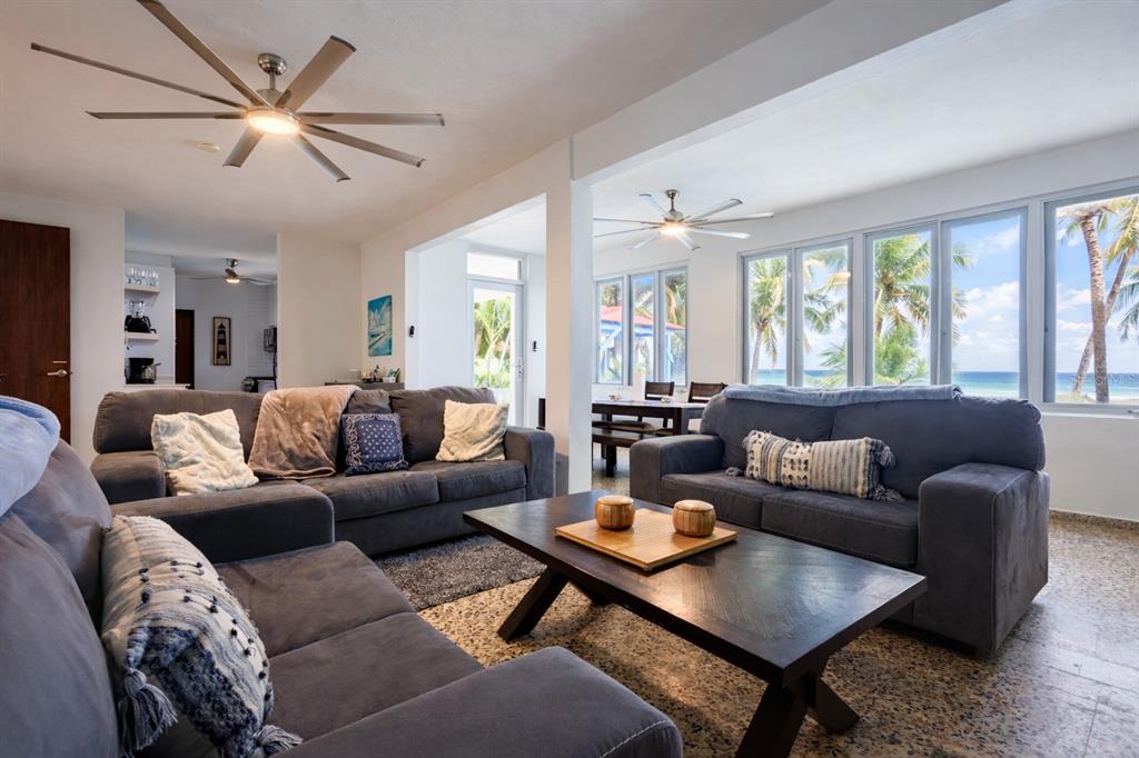 A living room with gray sofas, a wooden coffee table, and large windows overlooking palm trees — STREET NO 3 KM 112 BO. GUARDARRAYA, PATILLAS, PR