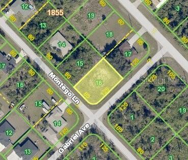 This is a satellite map view showing a vacant corner residential lot highlighted in yellow — 12342 GABRIEL AVENUE, PORT CHARLOTTE, FL