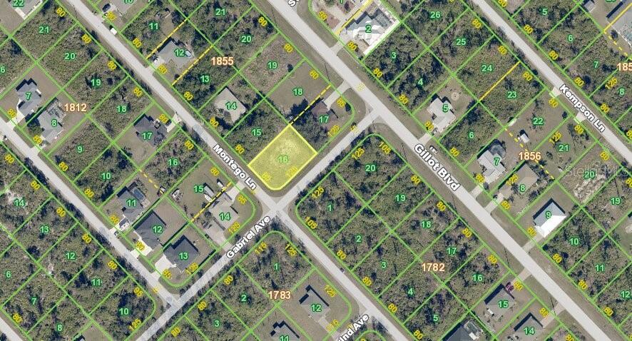 This is an aerial map showing a vacant residential lot highlighted in yellow at an intersection — 12342 GABRIEL AVENUE, PORT CHARLOTTE, FL
