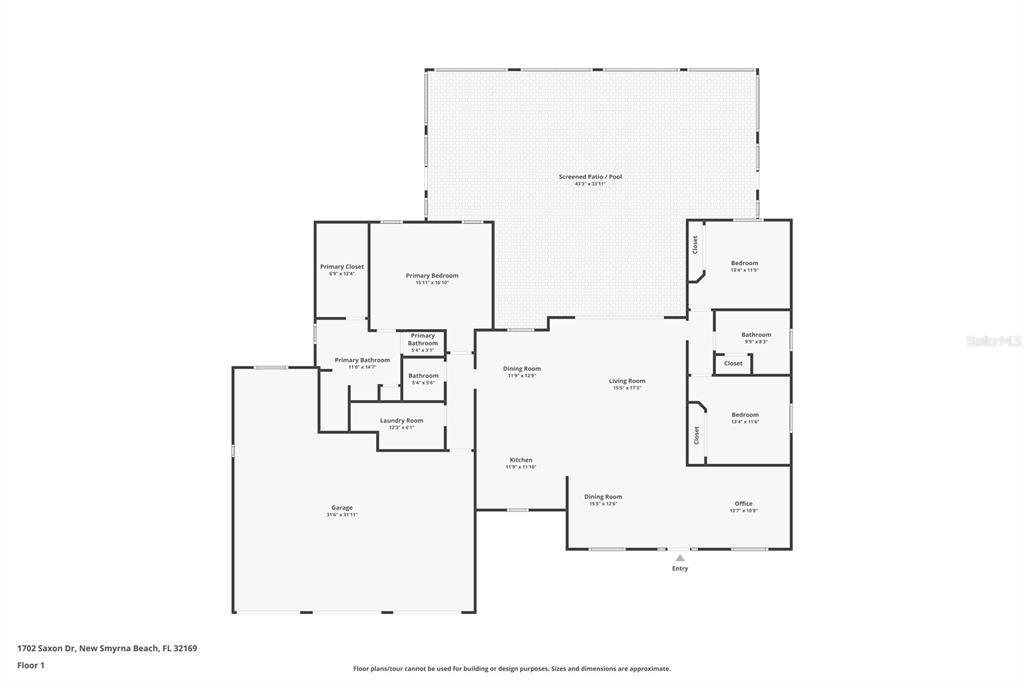 This is a floor plan of a single-story house with a garage and pool patio — 1702 SAXON DRIVE, NEW SMYRNA BEACH, FL