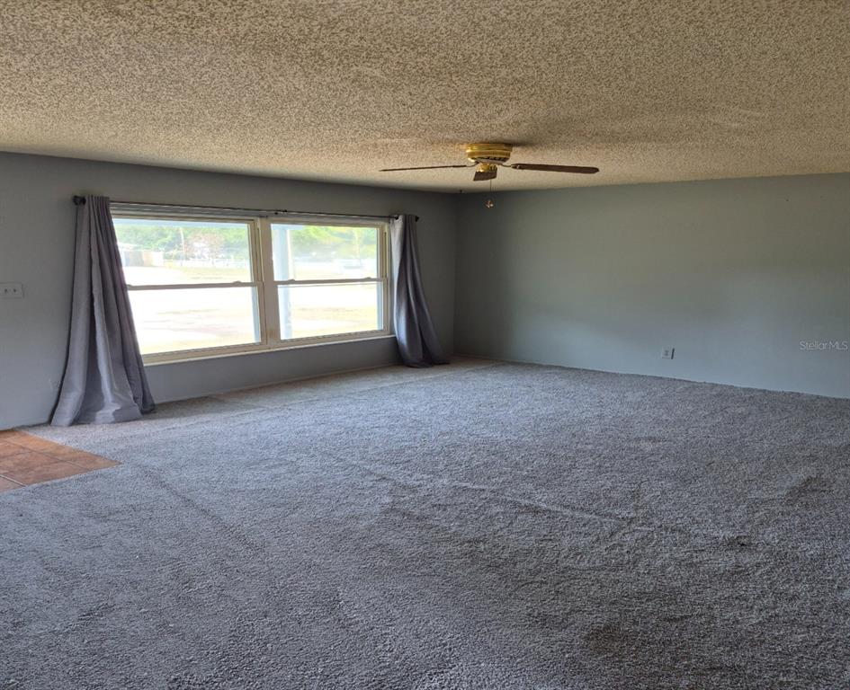 A spacious living room features gray carpet, light blue walls, and a ceiling fan — 324 FORT COLLINS COURT, OCOEE, FL