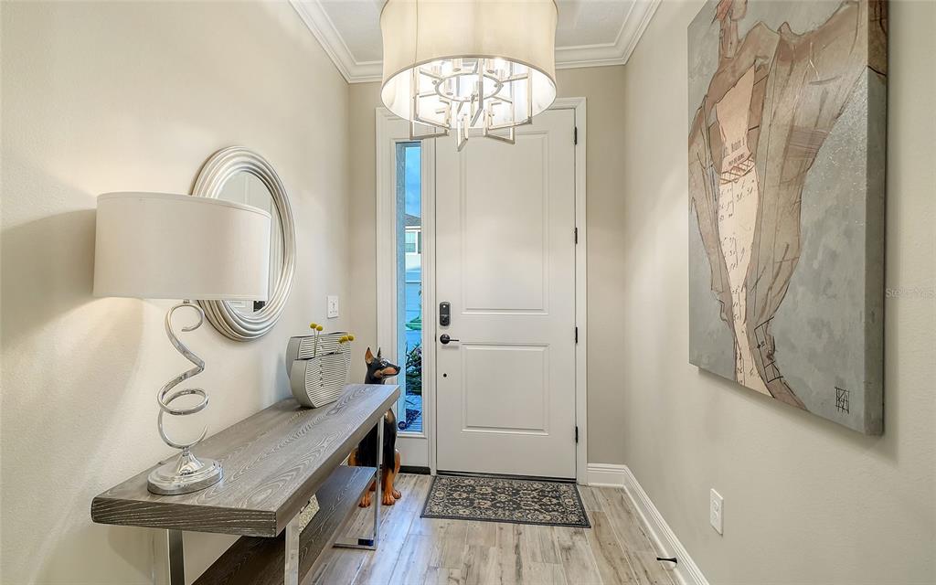 A bright entryway features a wood console table, a modern chandelier, and a large wall painting — 12635 NIGHT VIEW DRIVE, SARASOTA, FL