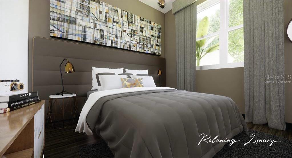 This is a virtually staged bedroom featuring a gray upholstered headboard and a large abstract painting — L10 CARR. 14 BO CERRILLOS, PONCE, PR